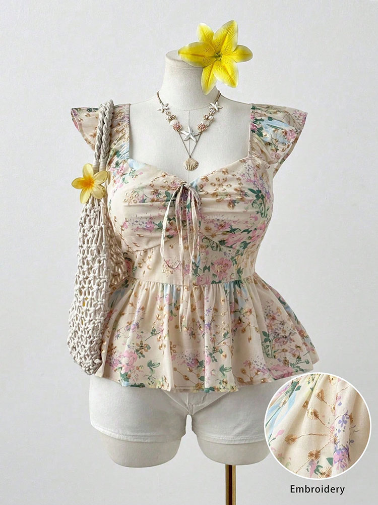Embroidery Vest - เสื้อครอปปักลายดอกไม้ ไซส์ใหญ่ คอร์เซ็ตรัดเอว แขนระบาย แต่งระบายชายเสื้อ คอเหลี่ยม