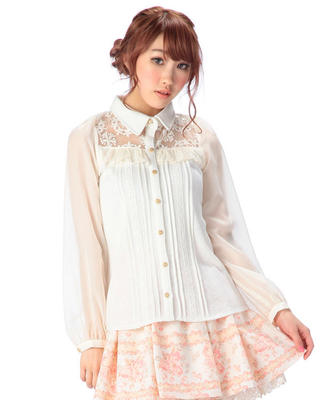Embroidery Organza - ขายญี่ปุ่น Liz Lisa แขนชีฟองเสื้อ Organza เย็บปักถักร้อยลูกไม้ถักเสื้อ