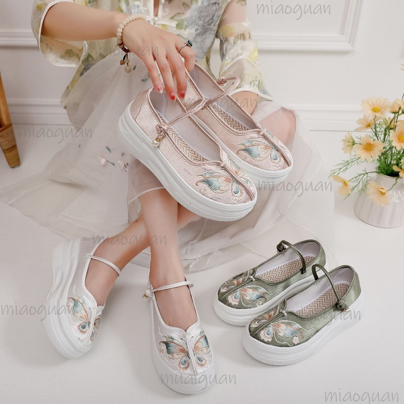 Embroidery Shoes - รองเท้าส้นหนาสไตล์จีนสำหรับผู้หญิง ปักลายผีเสื้อ สายรัดข้อเท้า ใส่สบาย ลำลอง รองเท้าผ้าใบสไตล์ชาติพันธุ์