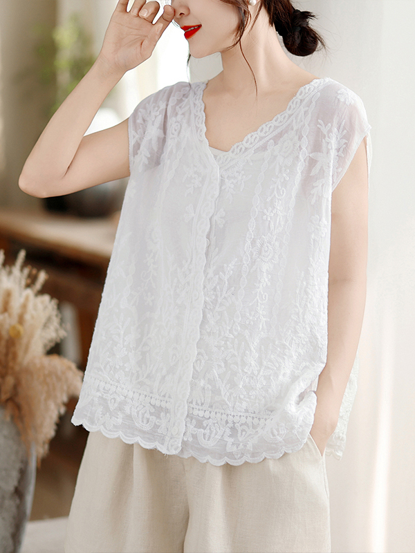 Embroidery Vest - เสื้อกั๊กปักลายหนาแบบใหม่สำหรับฤดูร้อน ไซส์ใหญ่สำหรับผู้หญิง สไตล์ศิลปะ ลำลอง อเนกประสงค์ คอวี