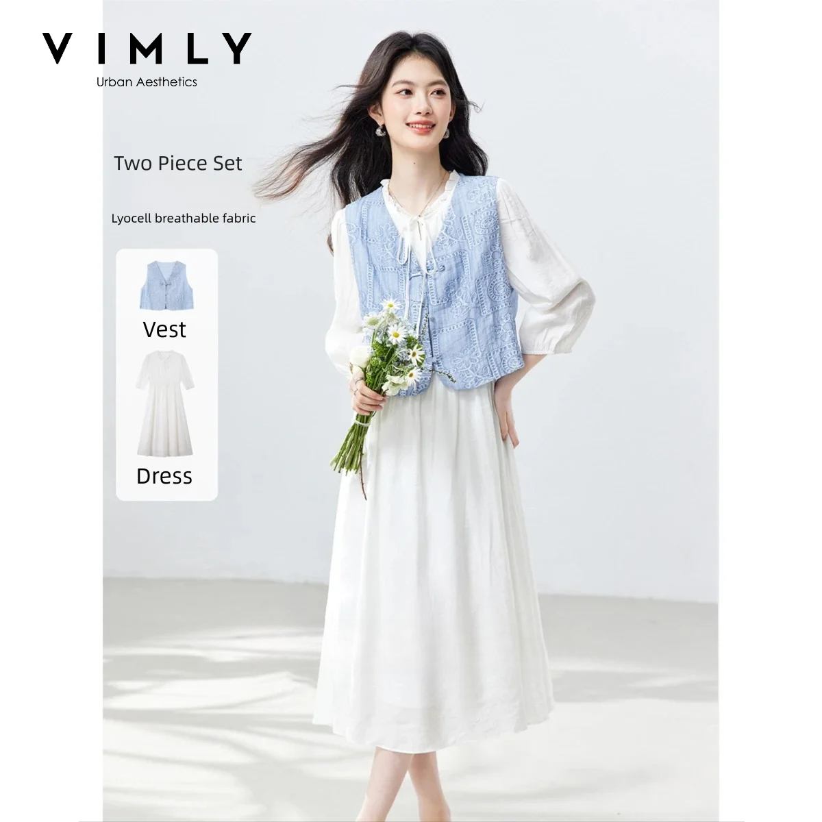 Embroidery Vest - ชุดเซ็ตสองชิ้นสำหรับผู้หญิง VIMLY ชุดลำลองหรูหรา ปักลาย แขนกุด เดรสแขนพอง