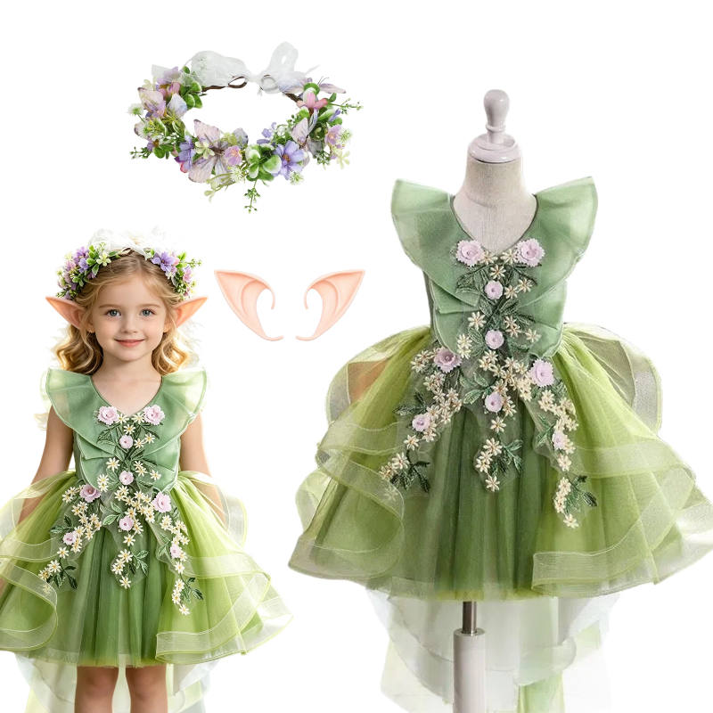 Embroidery Dress - ชุดคอสเพลย์เจ้าหญิงเอลฟ์แห่งป่า ชุดกระโปรงตูตูปักลายดอกไม้สีเขียว พร้อมมงกุฎดอกไม้และหูเอลฟ์ เหมาะสำหรับงานวันเกิดและปาร์ตี้ฮาโลวีน