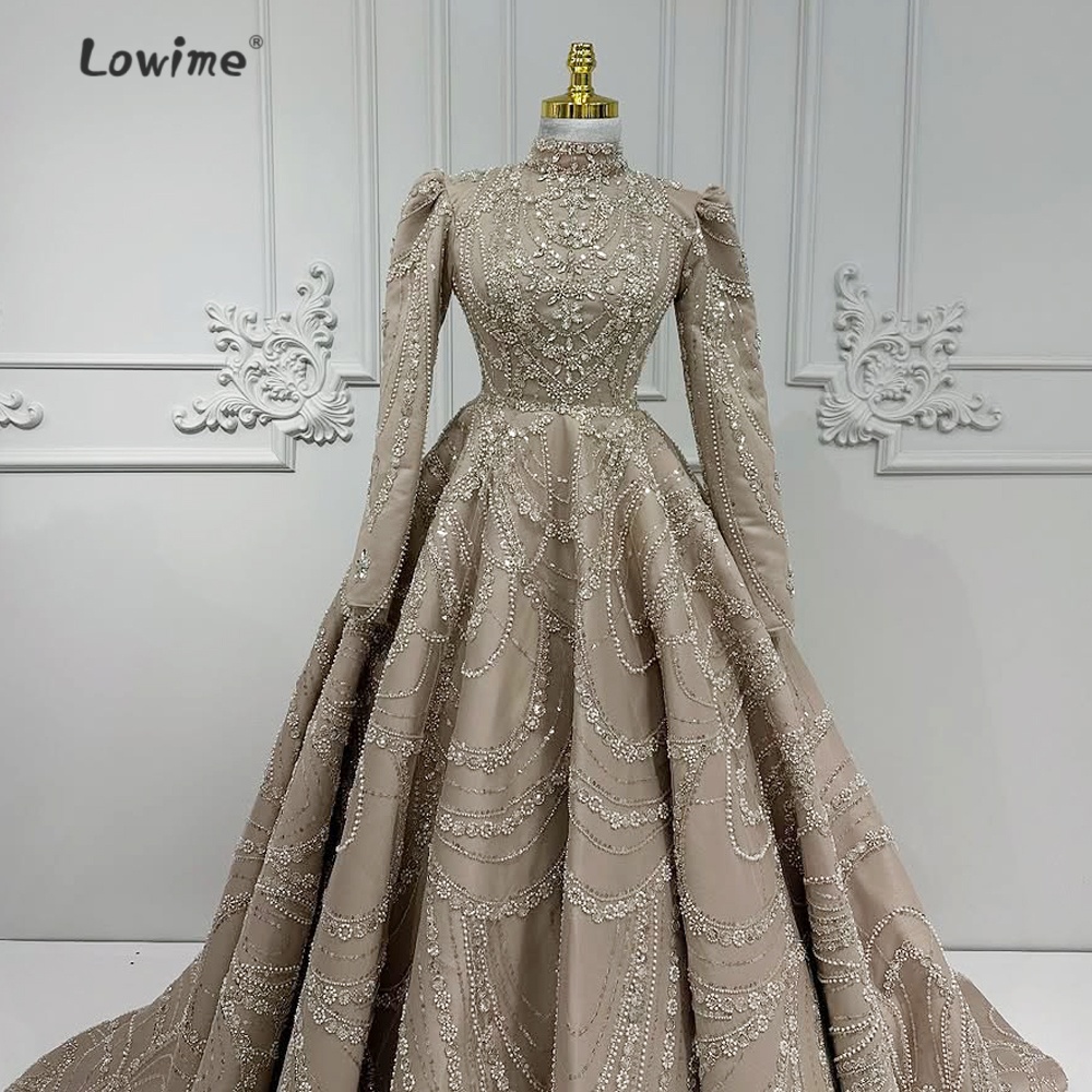 Embroidery Organza - ชุดราตรีสีน้ำตาลอ่อนสไตล์เรโทรสำหรับชาวมุสลิม ประดับลูกปัดปักลาย แขนยาว ประดับคริสตัล ชุดราตรีหรูหราสำหรับผู้หญิง