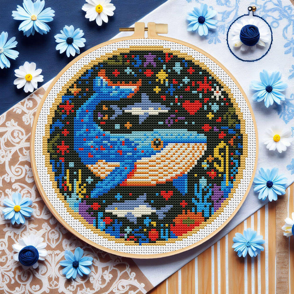 Embroidery Whale - DIY ปักครอสติปลาวาฬเย็บปักถักร้อยสัตว์ Hoop ระดับเข็มศิลปะหัตถกรรมชุดอุปกรณ์เย็บผ้าเดสก์ท็อปตกแต่งของขวัญ