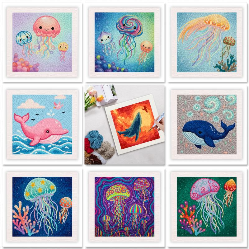 Embroidery Whale - GATYZTORY ชุดปักลายปลาวาฬและแมงกะพรุน ของตกแต่งบ้านสำหรับผู้ใหญ่และผู้เริ่มต้น ชุดปักลายสัตว์สำหรับผู้เริ่มต้น ชุดงานฝีมือของขวัญ