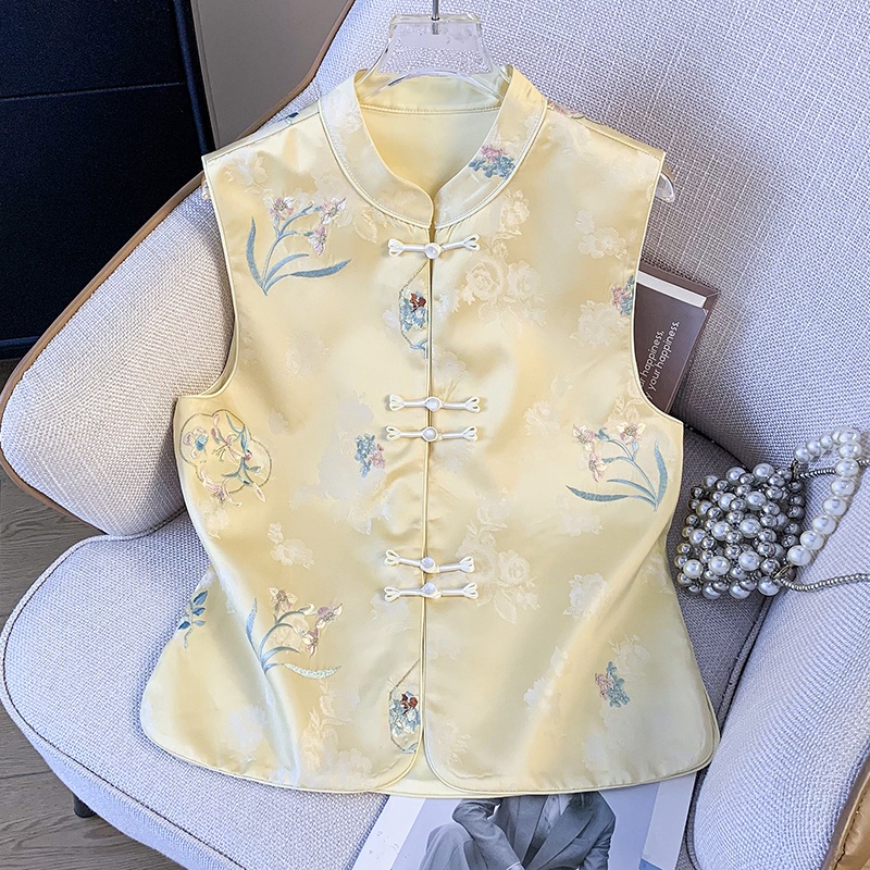 Embroidery Vest - เสื้อกั๊กฮั่นฝูสไตล์จีนแบบใหม่ ผ้าซาตินเนื้อหนัก ปักลายคลาสสิกตะวันออก คอตั้ง ติดกระดุม แฟชั่นประจำชาติสำหรับสุภาพสตรี