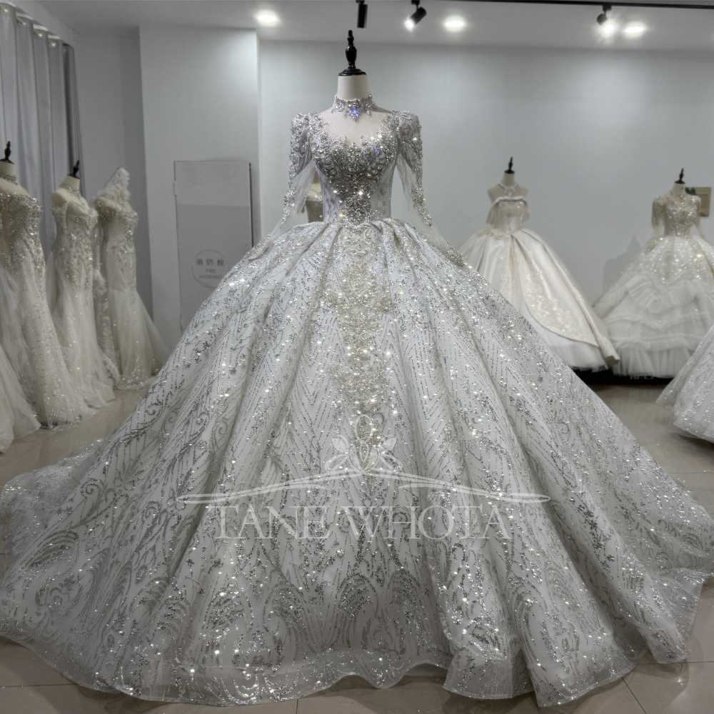 Elegant Gowns แต่งงานแขนยาวคอช - Embroidery Organza บทวิจารณ์และราคา