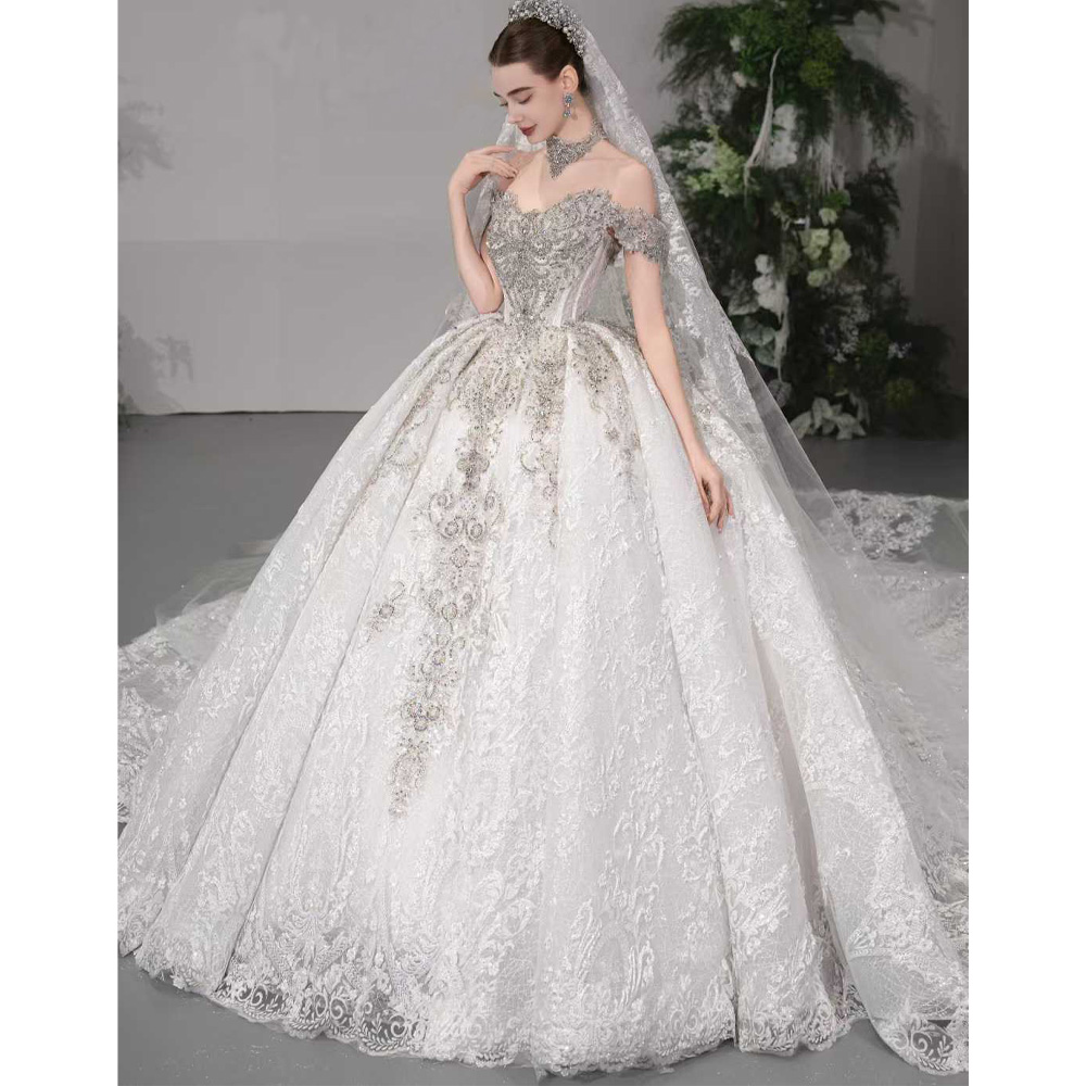 ชุดแต่งงานหรูหราแบบเปิดไหล่ทรง - Embroidery Organza บทวิจารณ์และราคา